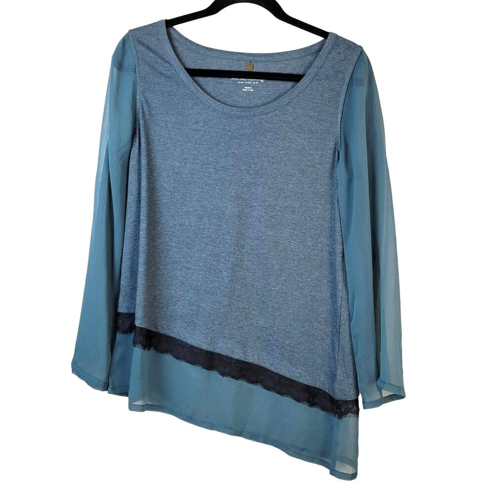 Soft Surroundings Blouse Women's M Teal Sheer Sleeve Fairy Coastal Ethereal Boho